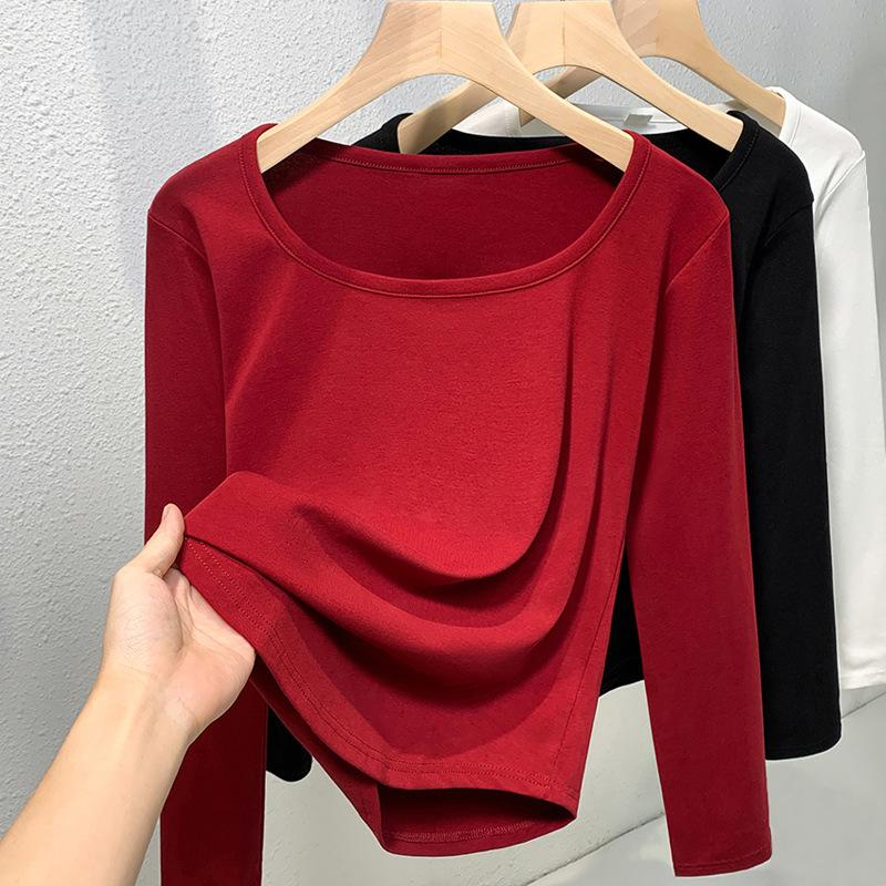 White Long-sleeved Square Neck Straight Shoulder T-shirt Women's New Early Autumn Thin Inner Bottoming Shirt Slim-fitting and Thin Top
