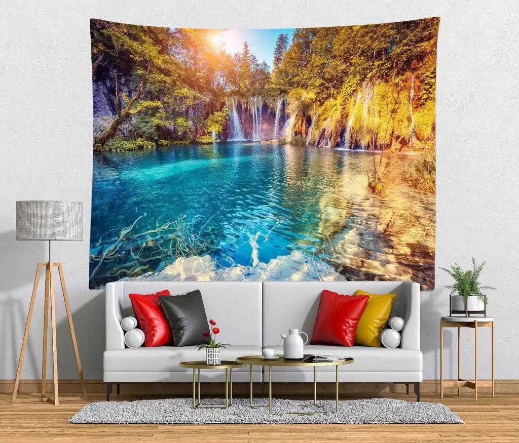 Enchanted Forest Tapestry Serene Waterfall Wooden Path Unique Wall Art for Home Decor Bedroom Nature Lover Gift
