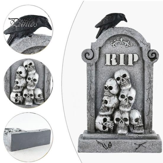 Spooky Holiday Exterior Decor Halloween Skull Tombstone, Stone Look Retro Gothic Resin Creepy Cemetery Scene Ornament Crow Gravestone for Outdoor