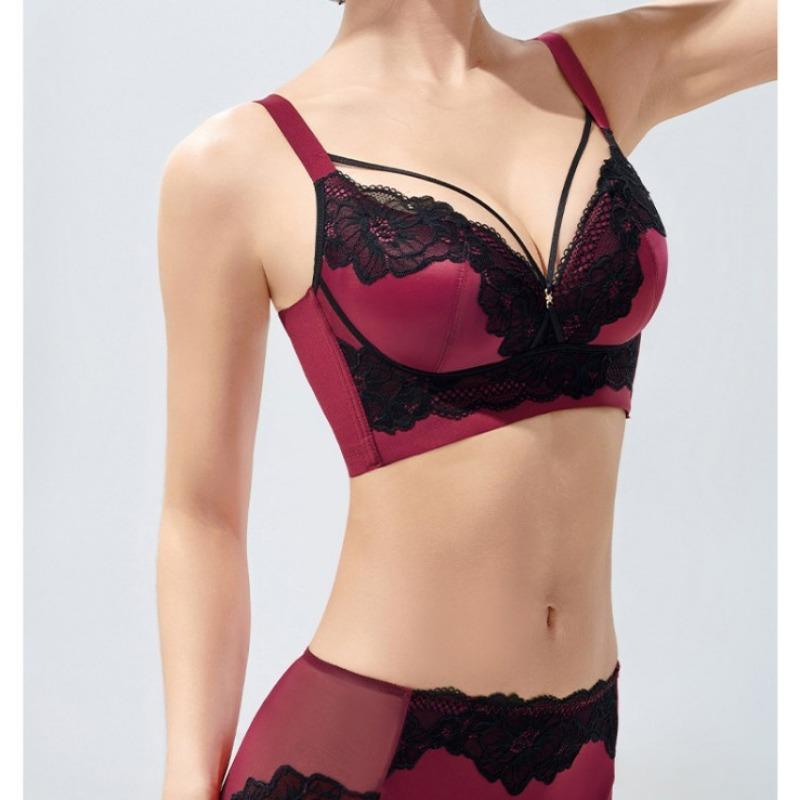 Sexy Kontrasterende Blonder Brystjusterings-BH-sett for Liten Byste Samlet Middelstykke Kopper Sideforhold Brystkontroll