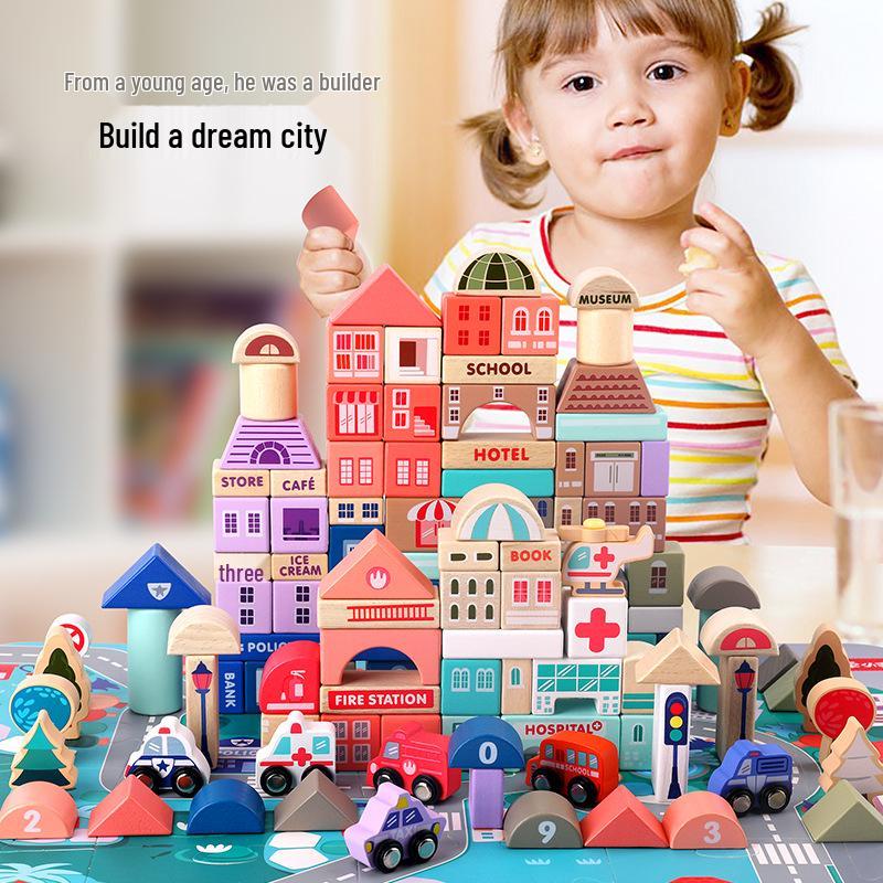 115-Piece Macaron City Wooden Building Blocks for Kids – Large Particle Educational Toy Set