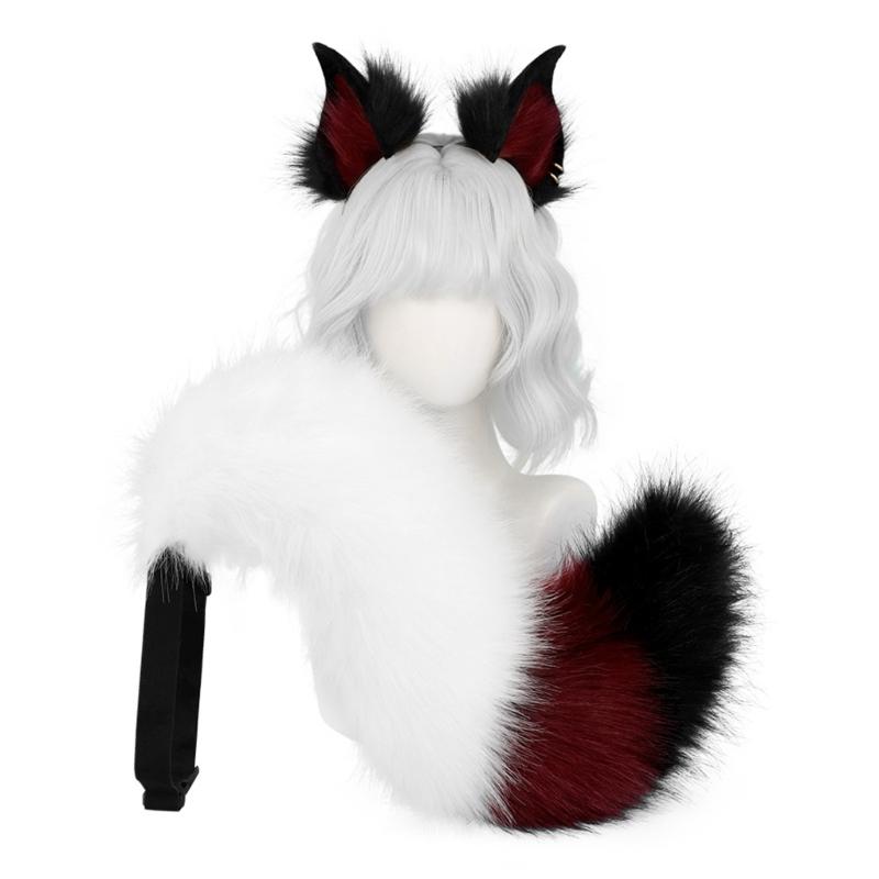 2Pcs Animal Cosplay Costume Fauxs Furs Wolf Cats Foxes Tail and Cats Ears Headbands Halloween Party Costume Accessories