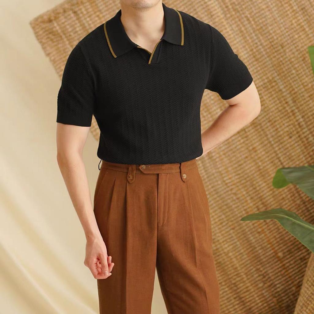 Fashionable Design Short Sleeve Polo Shirt Men Vintage Breathable Casual Knit Lapel T-shirt