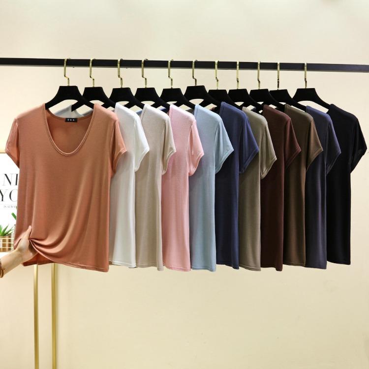 Plus Size Women's Loose U Neck Short Sleeve Modal Tee Thin Solid Color Tshirt All Match Tops M to 6XL