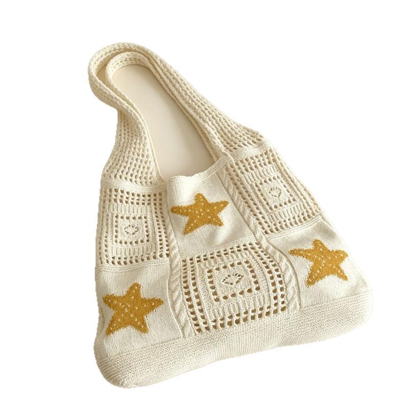 Crochet Beach Tote Bag Hollow Out Ocean Pattern Breathable Reusable Shoulder Bag for Vacation Shopping Daily Commute