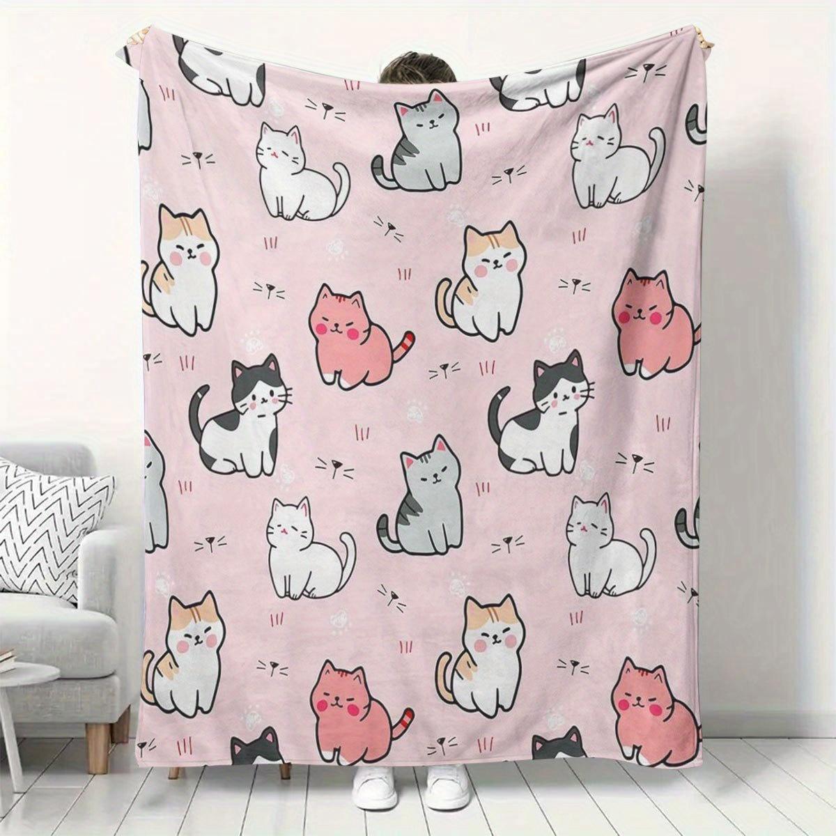Geometric Cat Faces Flannel Blanket - Plush with Paw Prints, Lightweight All-Season Throw for Sofa/Bed, Cat Lover Gift 75X95CM