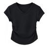 Women Cotton V-neck Short Sleeve T-shirt Slim Fitted Pleated Design Cropped Top Summer