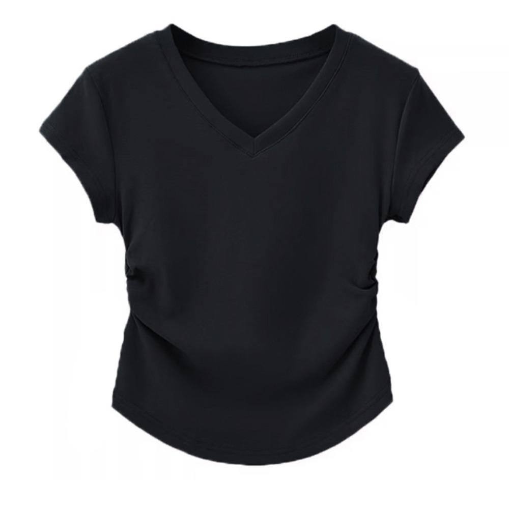Women Cotton V-neck Short Sleeve T-shirt Slim Fitted Pleated Design Cropped Top Summer