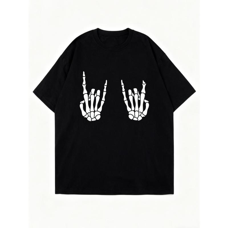 Black Oversize Women's Short-Sleeve T-Shirt with Black and White Skeleton Rock Hand Gesture Print
