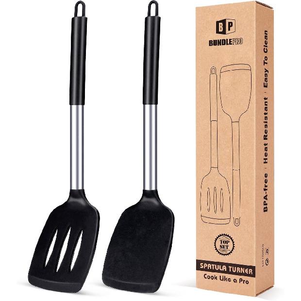 2er-Pack Silikon Vollwender, Antihaft-Schlitzküchenspatel, Hochhitzebeständig BPA, Ideales Kochgeschirr für Fisch, Eier, Pfannkuchen(Schwarz)