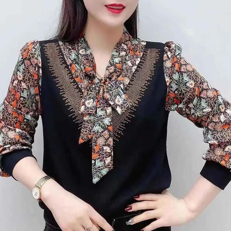 

Женская весенне-осенняя футболка с длинными рукавами и принтом, шифоновая рубашка с v-образным вырезом, свободная рубашка XL