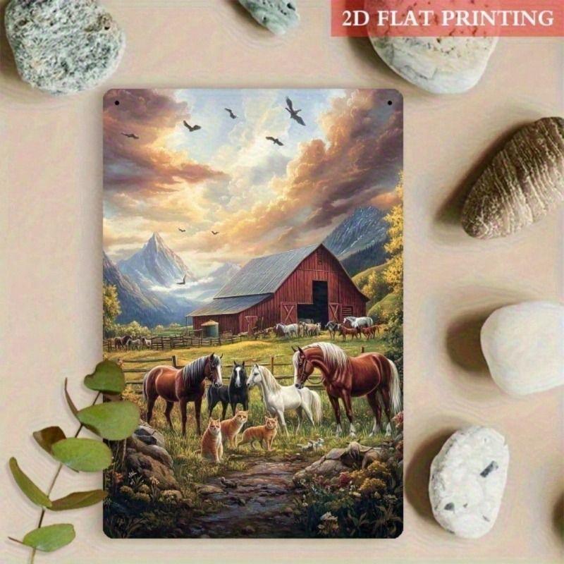 

Vintage Cowboy Horse Farm Landscape Metal Poster Wall Art for Living Room