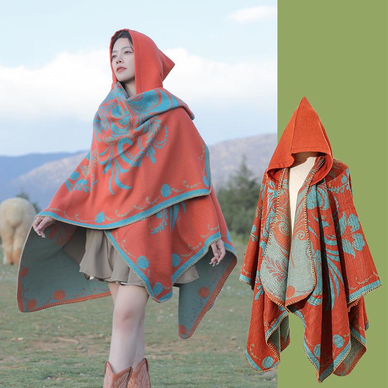

New Autumn Winter Retro Print Scarf Women Layers Poncho Warm Sweet Elegant Scarve Capa Para Mujer Pashmina Cloak Wrap Shawl One Size& 8Y