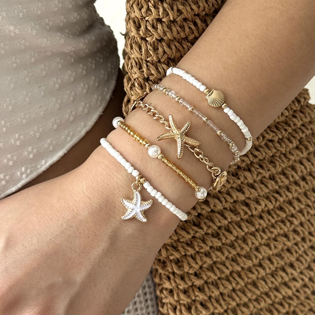Vintage Reiskörner Stapelbare Armbänder Set für Damen Sommer Seestern Muschel Elastische Armbänder Charms Urlaub Reise Party Schmuck