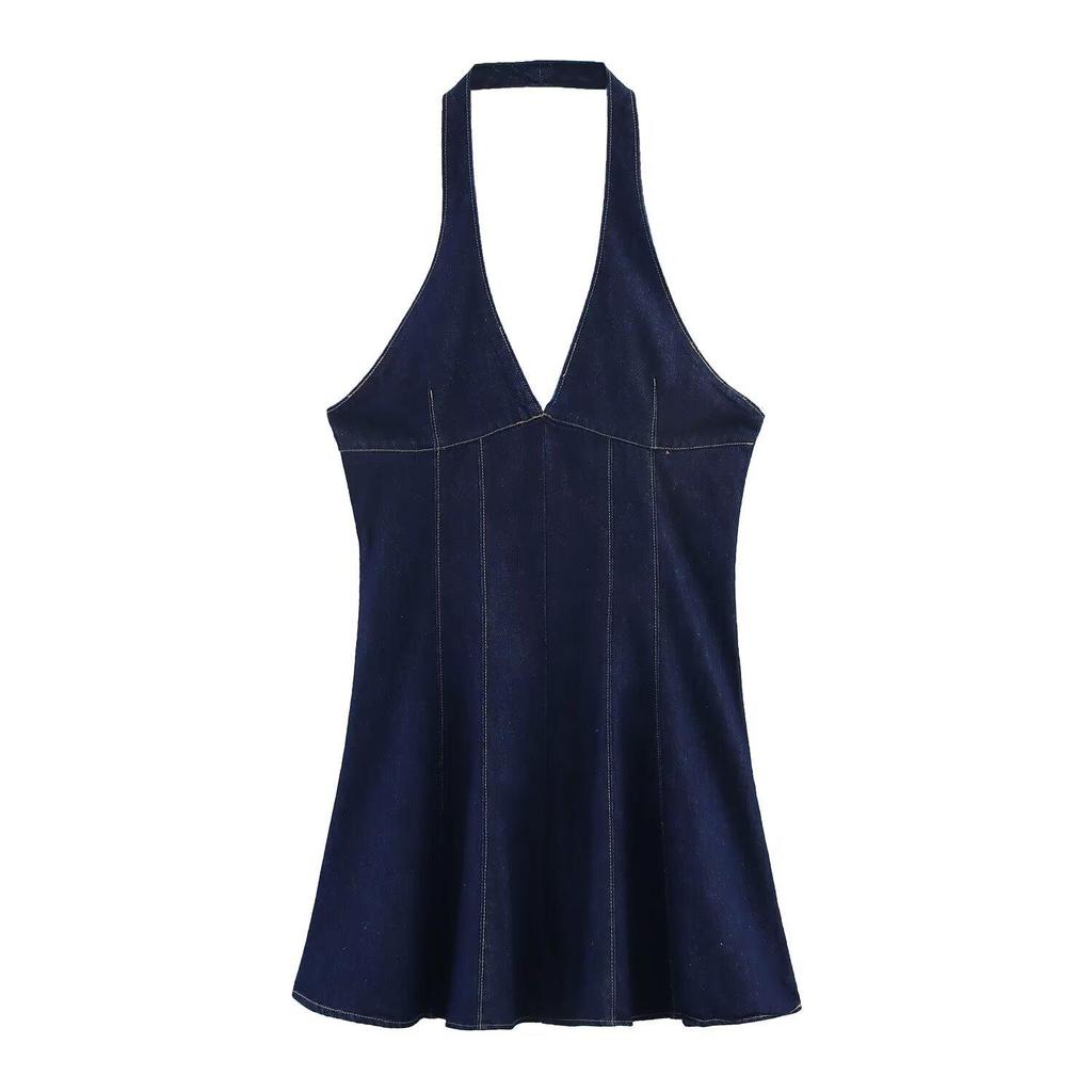 European & American Style Sexy Deep V-Neck Halter Denim Dress - Slim Fit Short Skirt for Women