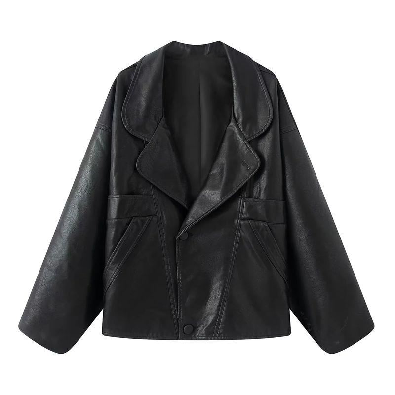 Fall New Women's Clothing French Style Commute Style Flip Collar Long Sleeves Zipper Poly Urethane Leather Short Jacket