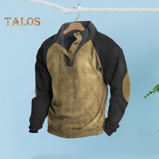 Spring Autumn Men Sweatshirt Colorblock Patchwork Retro Style Half-open Stand-up Collar Top Plus Size Loose Long Sleeves Top Daily Life Office