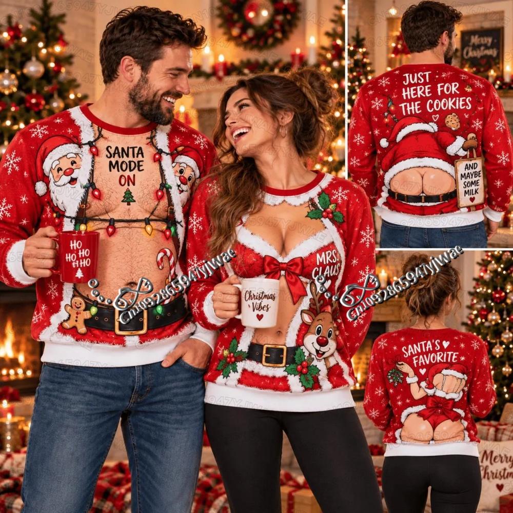 2026 Winter Men and Women's Funny Christmas Ugly Couples Party Santa Body Adult Round Neck Hoodie Men Women Cosplay Sweatshirt