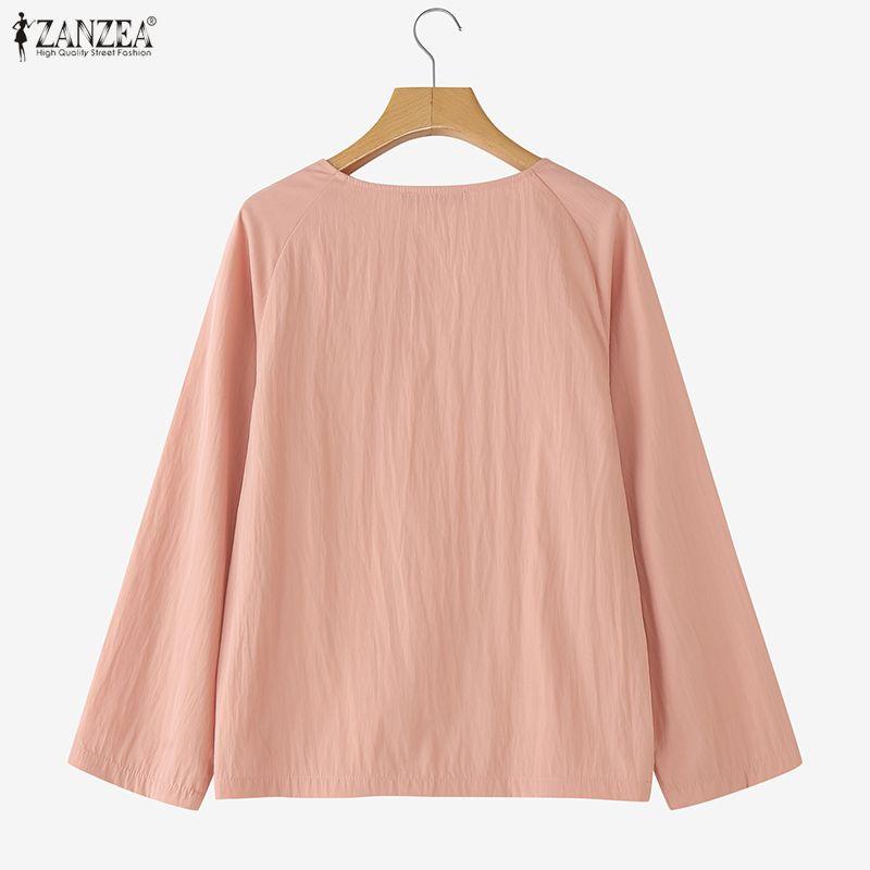 ZANZEA Women Casual Round Neck Solid Color Long Sleeve Blouse