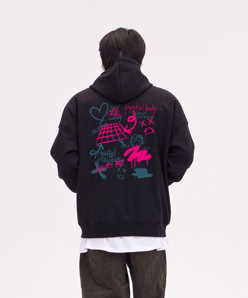 Astral Projection Graffiti Oversized Wide Shoulder Zip-Up Hoodie_Black