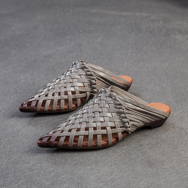 Johnature Ručně vyráběné tkaní Pantofle se špičatou špičkou na nízkém podpatku Prodyšná móda Dámská obuv z pravé kůže