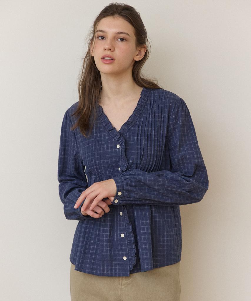 OURHOPE Poem Ruffle Pintuck Check Blouse - Navy