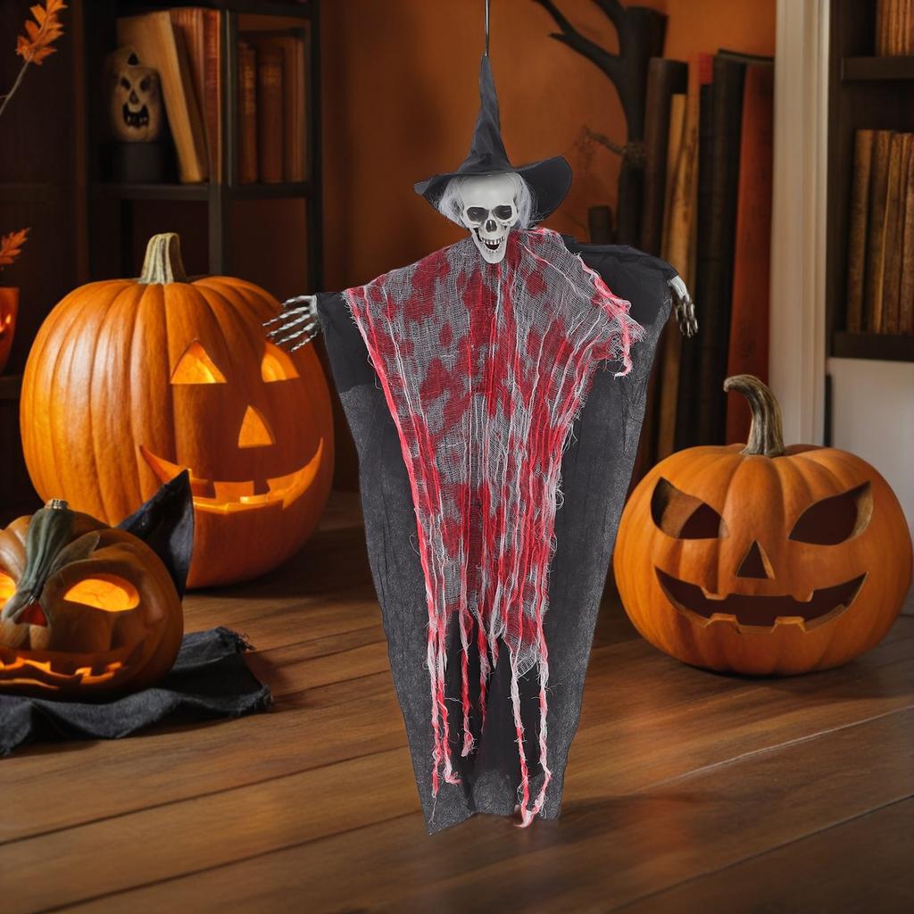 Halloween Hanging Skull Ghost Decoration Adjustable Pose with Flowing Robe for Haunted Houses Garden Party