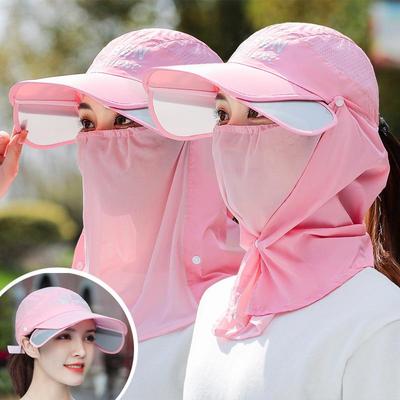 Women's Summer Sun Hat with UV Protection and Retractable Large Brim, Face Cover, for Outdoor Activities.
