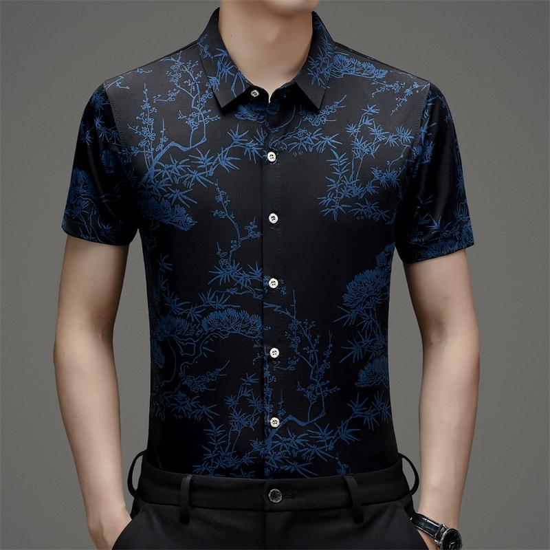 

2024 Лето, новинка, летняя мужская рубашка с короткими рукавами и животным узором в цветочек, топ XL синий