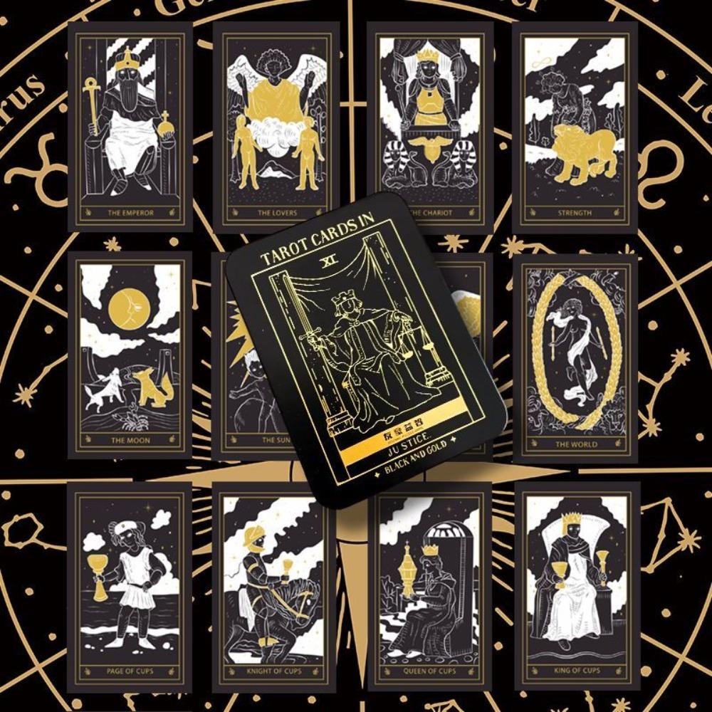 Mystic Noir Elegant Black & Gold Tarot Deck 10*6cm, Full 78-Card Set in Metal Tin, Travel-Size Deck for Wisdom and Guidance