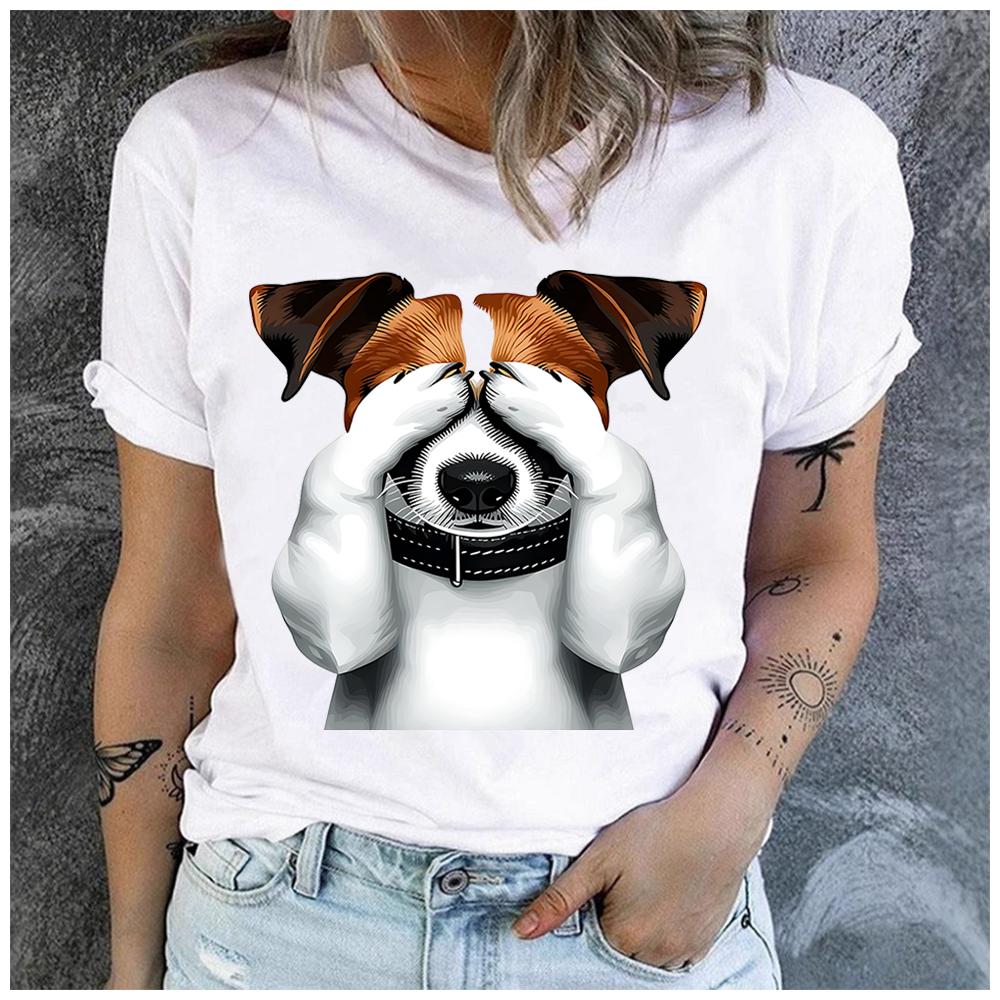 Unisex Womens Cotton Naughty Jack Russell Print TShirt Loose Round Neck Casual Short Sleeve Fashion Top Clothing Summer