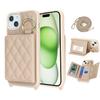 For iPhone 15 Plus/14 Plus Case with Lanyard/Mirror/Card Holder Grids Pattern RFID Blocking Phone Cover