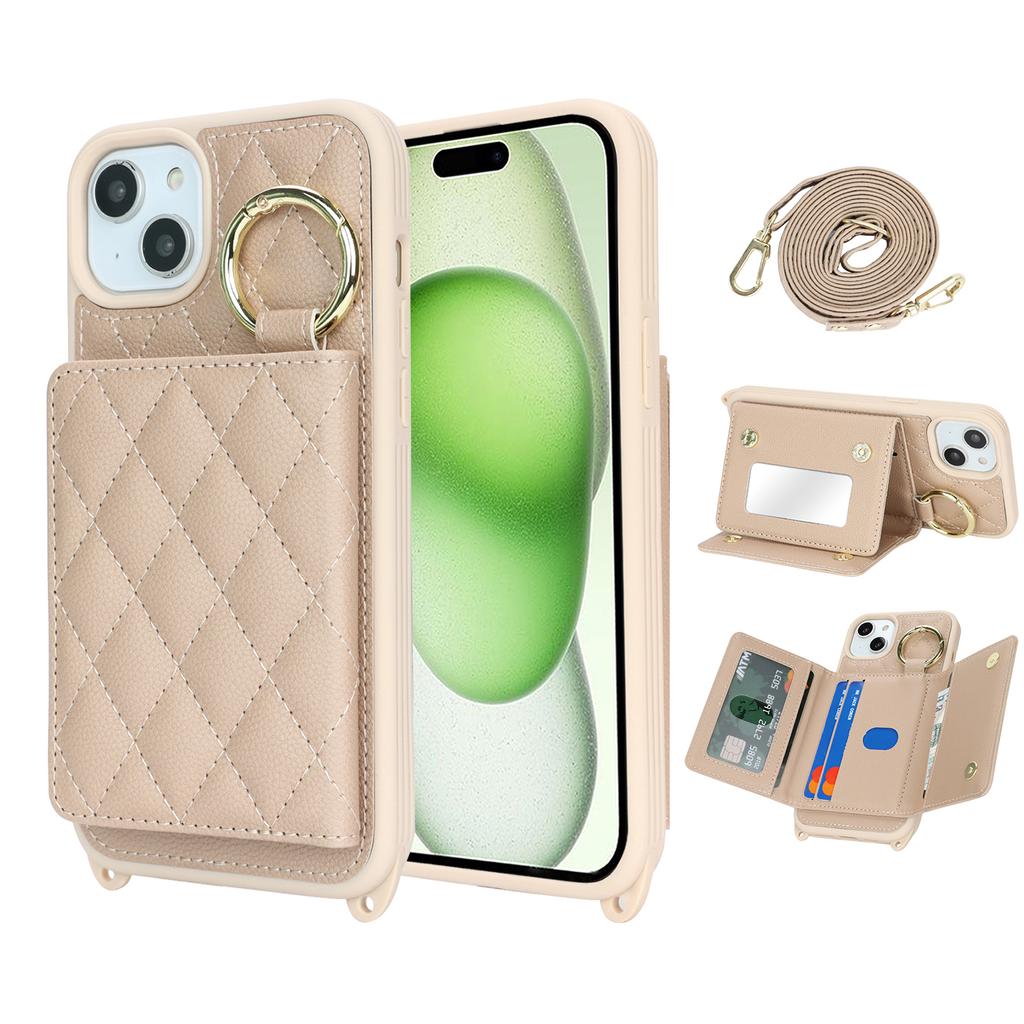 For iPhone 15 Plus/14 Plus Case with Lanyard/Mirror/Card Holder Grids Pattern RFID Blocking Phone Cover