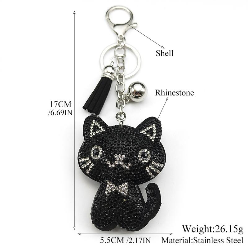 Black Cute Kitty Bowknot Keychain For Women Men Rhinestone Tassel Female Bag Decoration Cat Animal Keyring Jewelry Gifts