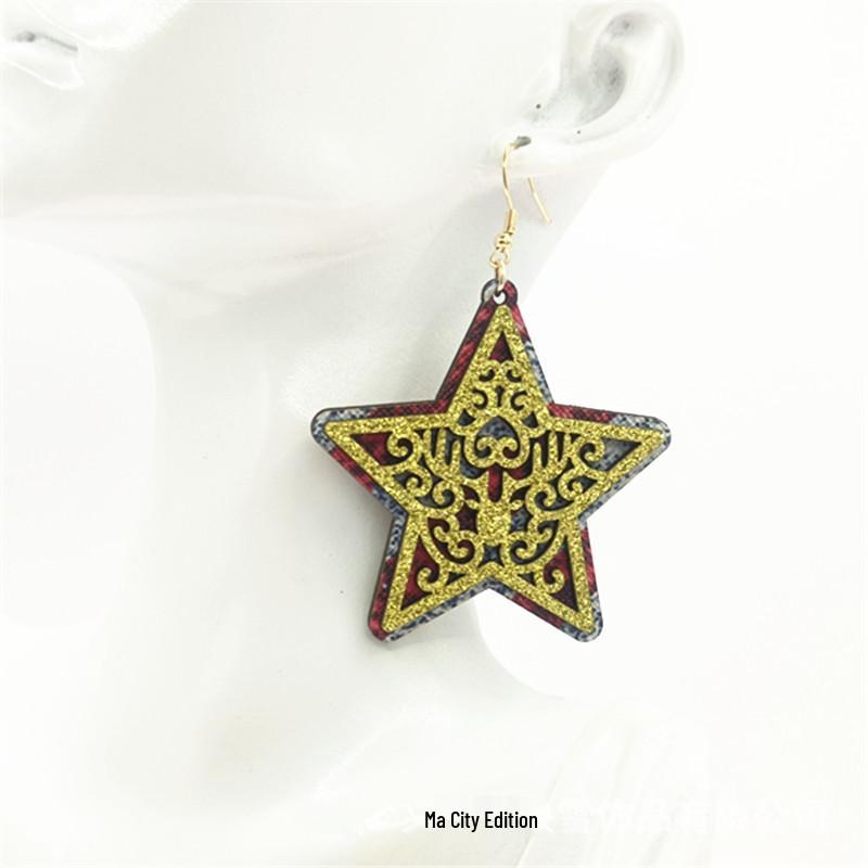 European & American Christmas Wooden Double-Layer Glue Leather Earrings with Hollow Design