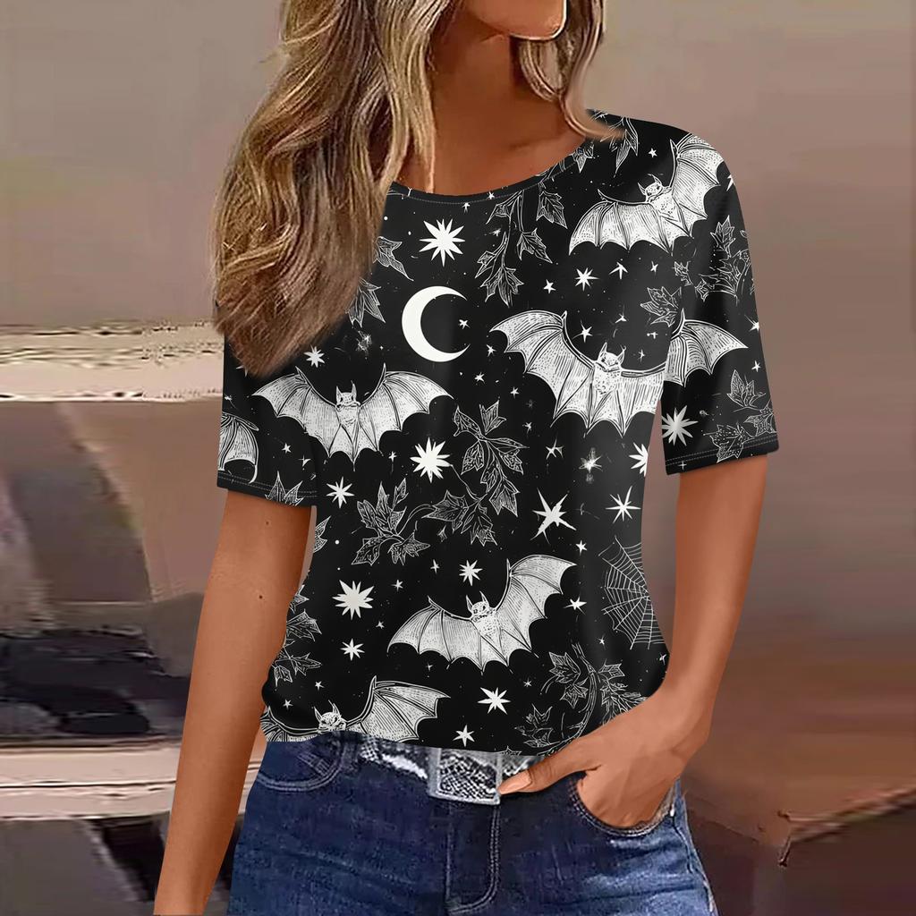 Women's Casual Halloween Short Sleeve Pullover Top Bat Pumpkin Print Round Neck Relaxed Fit Shirt for Fall