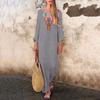 Women’s Printed Long Sleeve V-neck Maxi Dress Split Hem Baggy Kaftan Long Dress