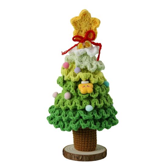 Yousheng Crochet Christmas Tree Small Handmade Multi-layered Knitting Xmas Tree with Woodgrain Base for Winter Tabletop Home Room Party Decor
