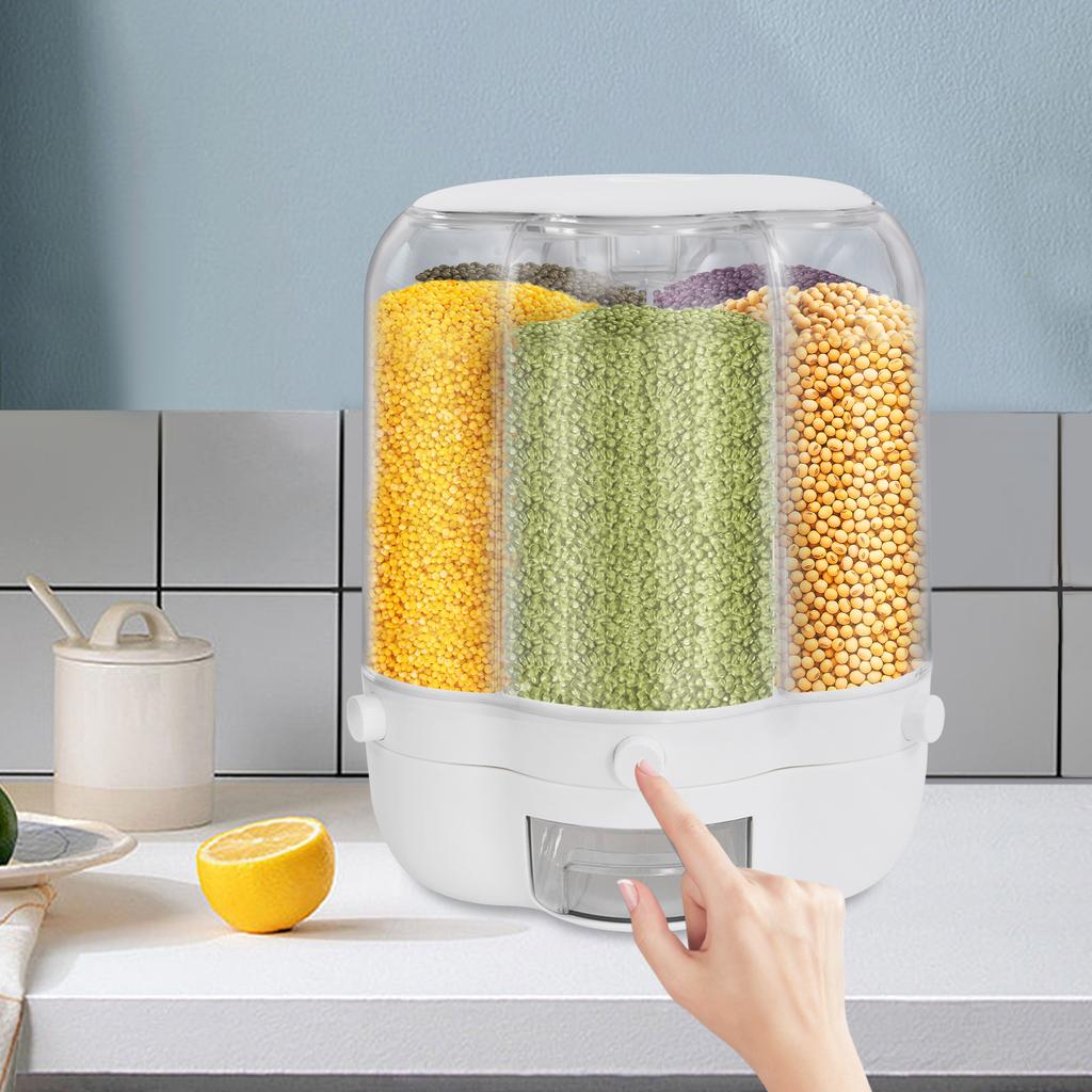 Large 6-Grid Rotating Grain Storage Bin - 27.56LBS One-Click Food Dispenser Sealed Moisture-Proof Rice Container for Rice Nut