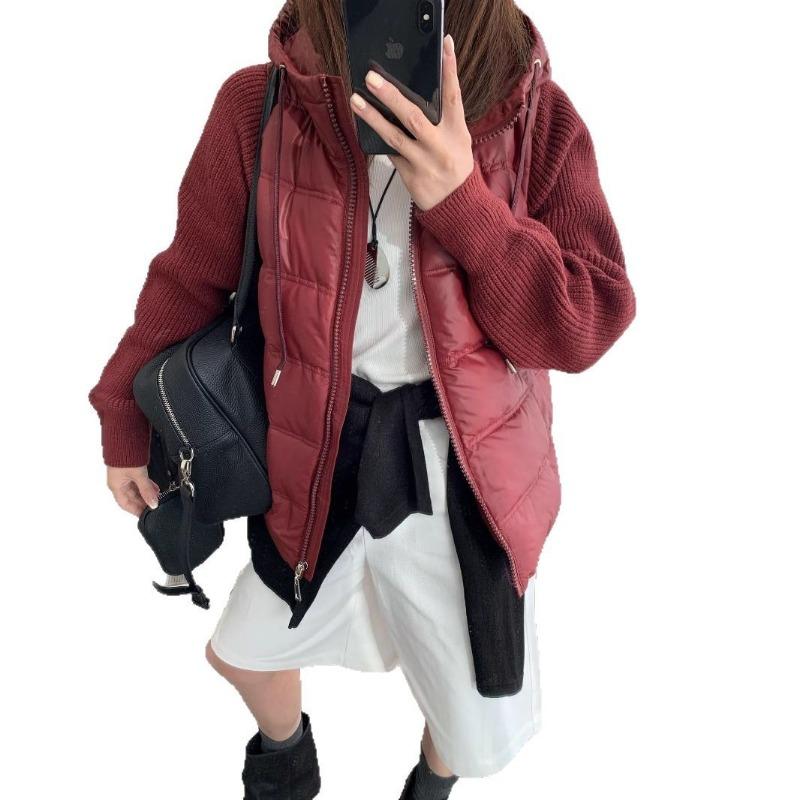 Hooded zipper splicing cotton clothes knitted cardigan spring new loose soft waxy high-end sweater jacket women