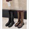 Grape Mother of the Same Style, High-quality Leather Round Head Thick Sole Thick Heel Thin Medium-length Knight Boots Women's New Autumn and Winte