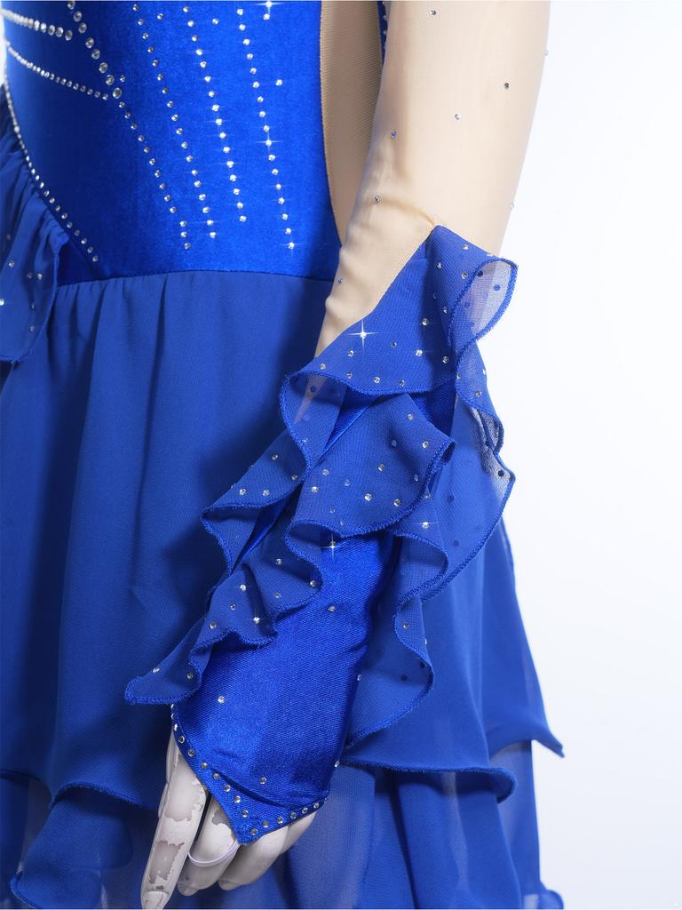 Womens Figure Skating Leotard Dress Ruffled Trim Rhinestones Tiered Chiffon Hem Skirt