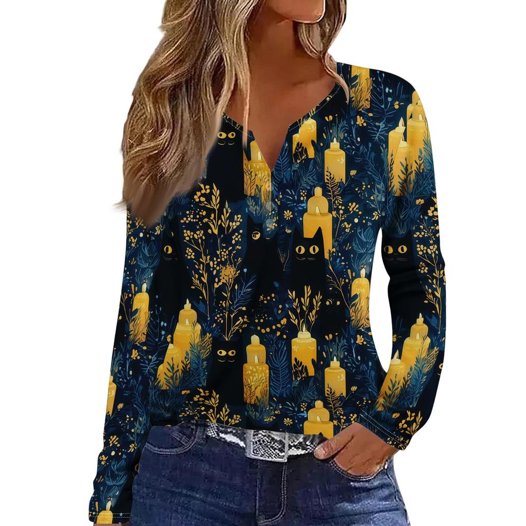 Women's Long Sleeve V-Neck T-Shirt with Button and Halloween Print Casual Top