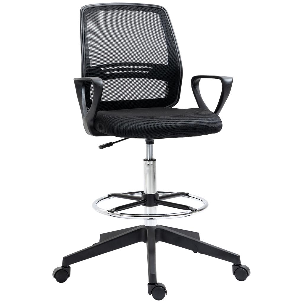 Drafting Chair, Ergonomic Tall Office Chair with Mesh Back, Lumbar Support, Adjustable Height and Foot Ring, Swivel Wheels, for Standing Desk, Black