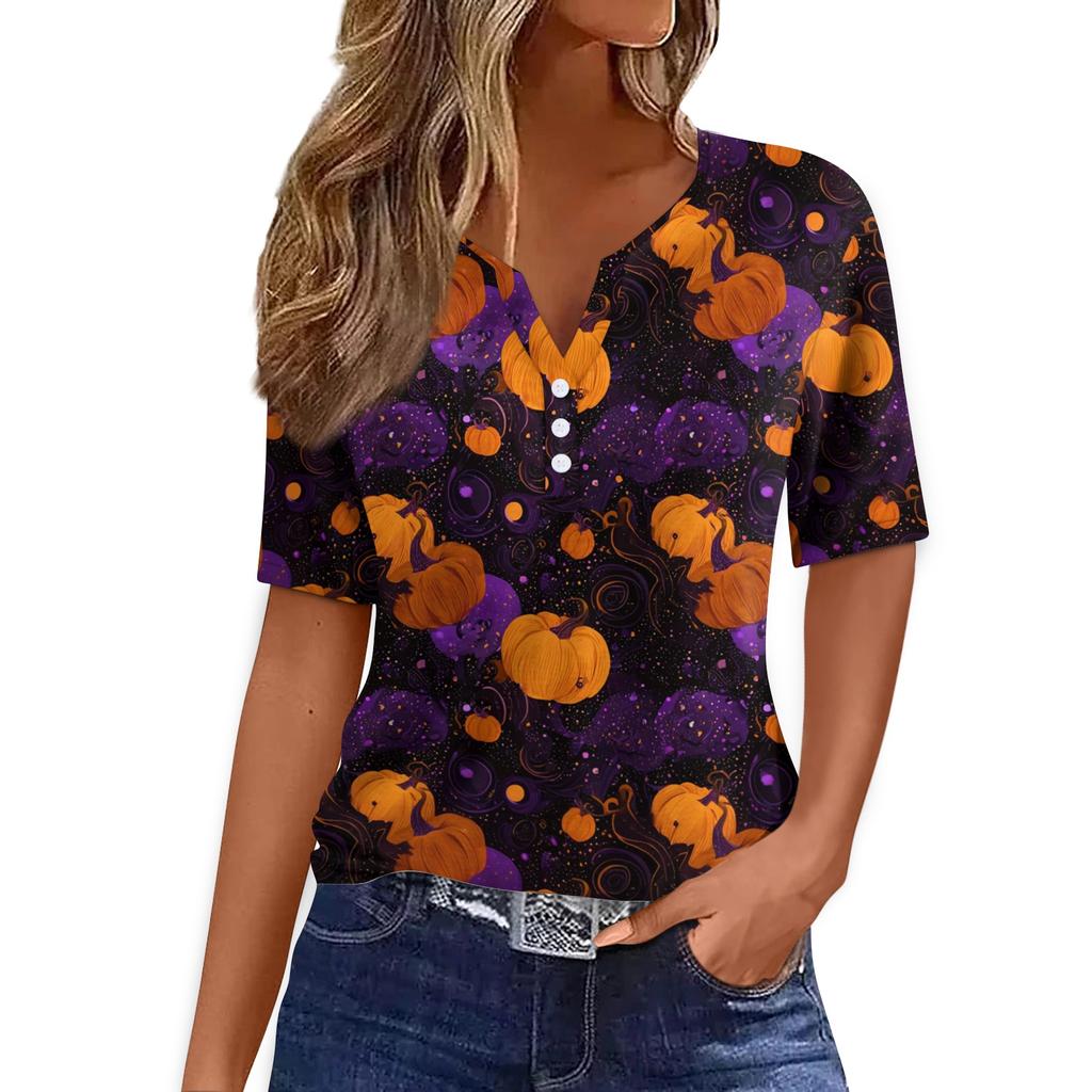 Women Fashion Casual Halloween Print V Neck Short Sleeve Decorative Button T Shirt Top for Holiday Party Daily Wear