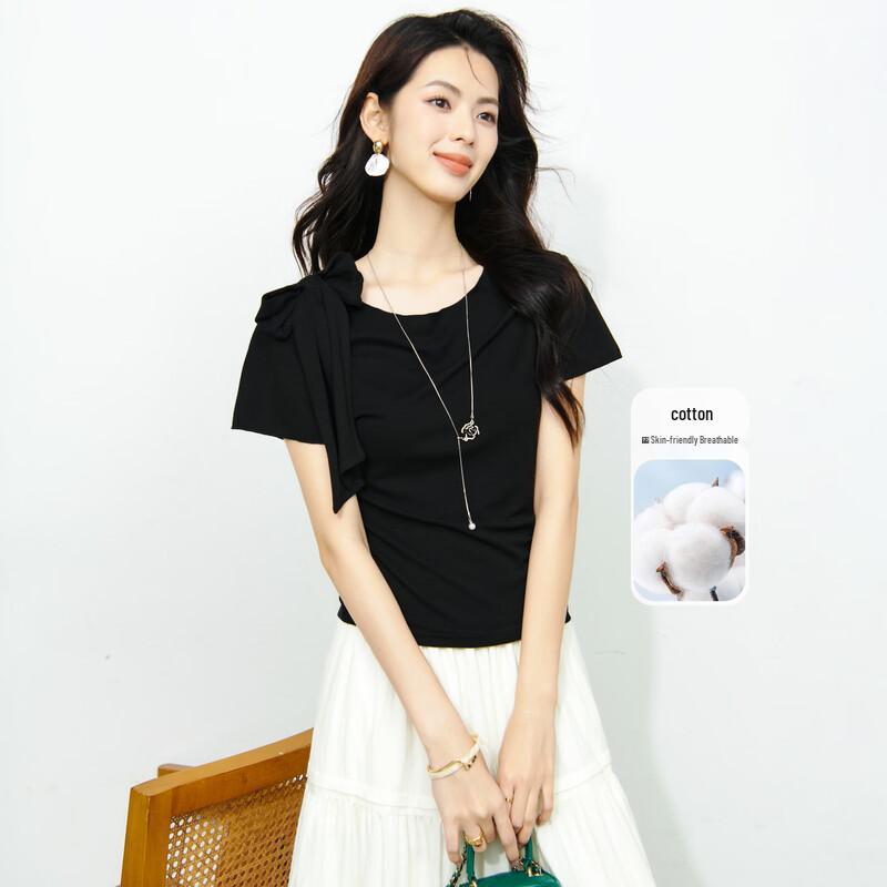 Women s Ice Silk Cotton Bowknot Slim-Fit Round Neck T-Shirt S чёрный