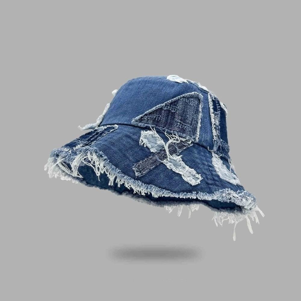 Beggar Style Retro Fisherman Hat Patched Sun Protection Basin Cap Fashion Denim Bucket Hat  Women