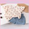 Adorable Korean Style Summer Set For Girls Featuring Cartoon Cherry Bow Details And Soft Denim Shorts