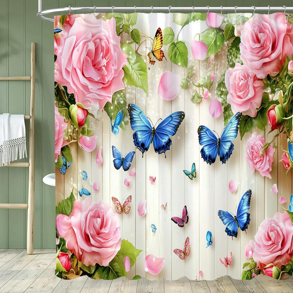 Butterfly And Floral Printed Shower Curtain Family Home Decoration Polyester Bathtub Curtain Bathroom Partition Room Curtain
