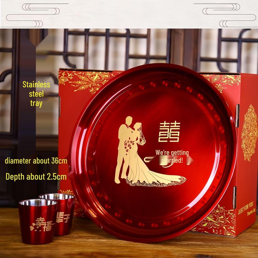 Wedding Double-Layer Stainless Steel Teacup - Red Toasting & Ceremony Joy Cup